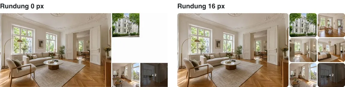 Dieselbe Galerie mit einer Rundung der Ecken von 0 px und von 16 px