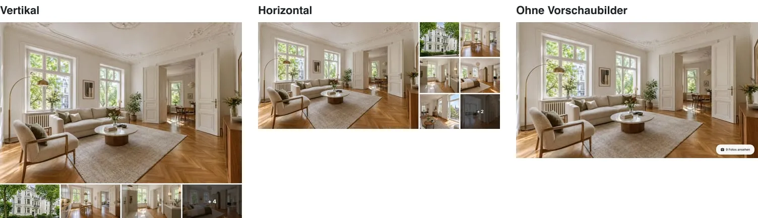 Die Layouts Vertikal, Horizontal und Ohne Vorschaubilder nebeneinander