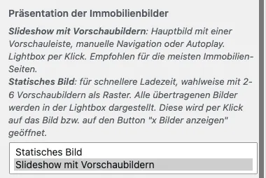 Customizer-Auswahl Präsentation der Immobilienbilder mit gewählter Option Slideshow mit Vorschaubildern
