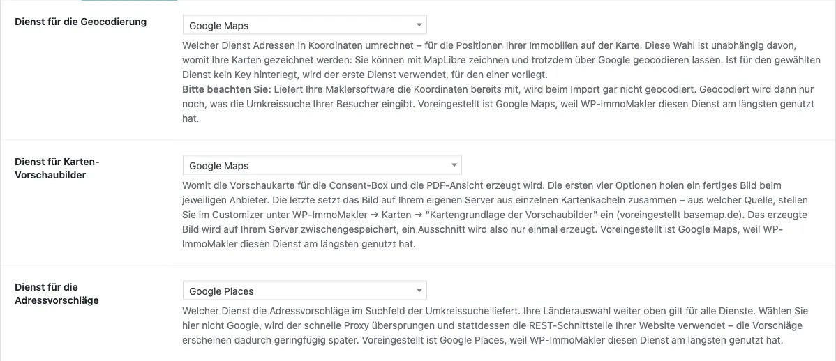 Tab Geodienste mit den Auswahlfeldern für Geocodierung, Karten-Vorschaubilder und Adressvorschläge