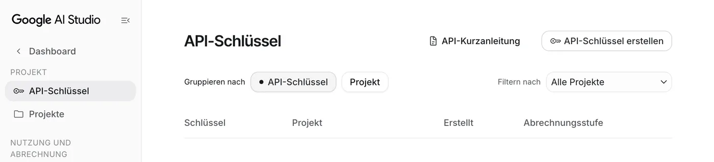 Google AI Studio, página de claves de API con el botón para crear una clave de API