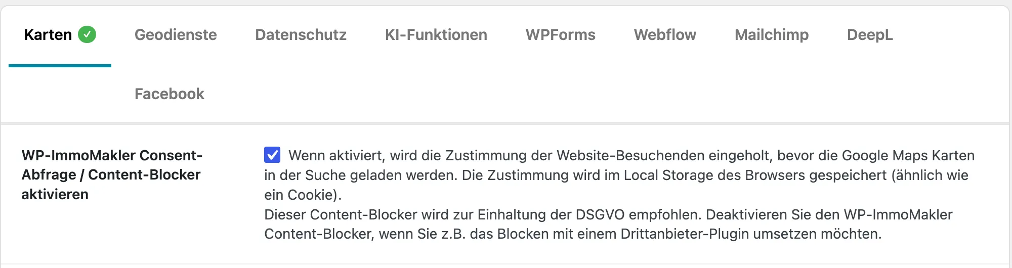 Ajustes de WP-ImmoMakler – Integraciones → Mapas con la opción Consentimiento / bloqueador de contenido activada