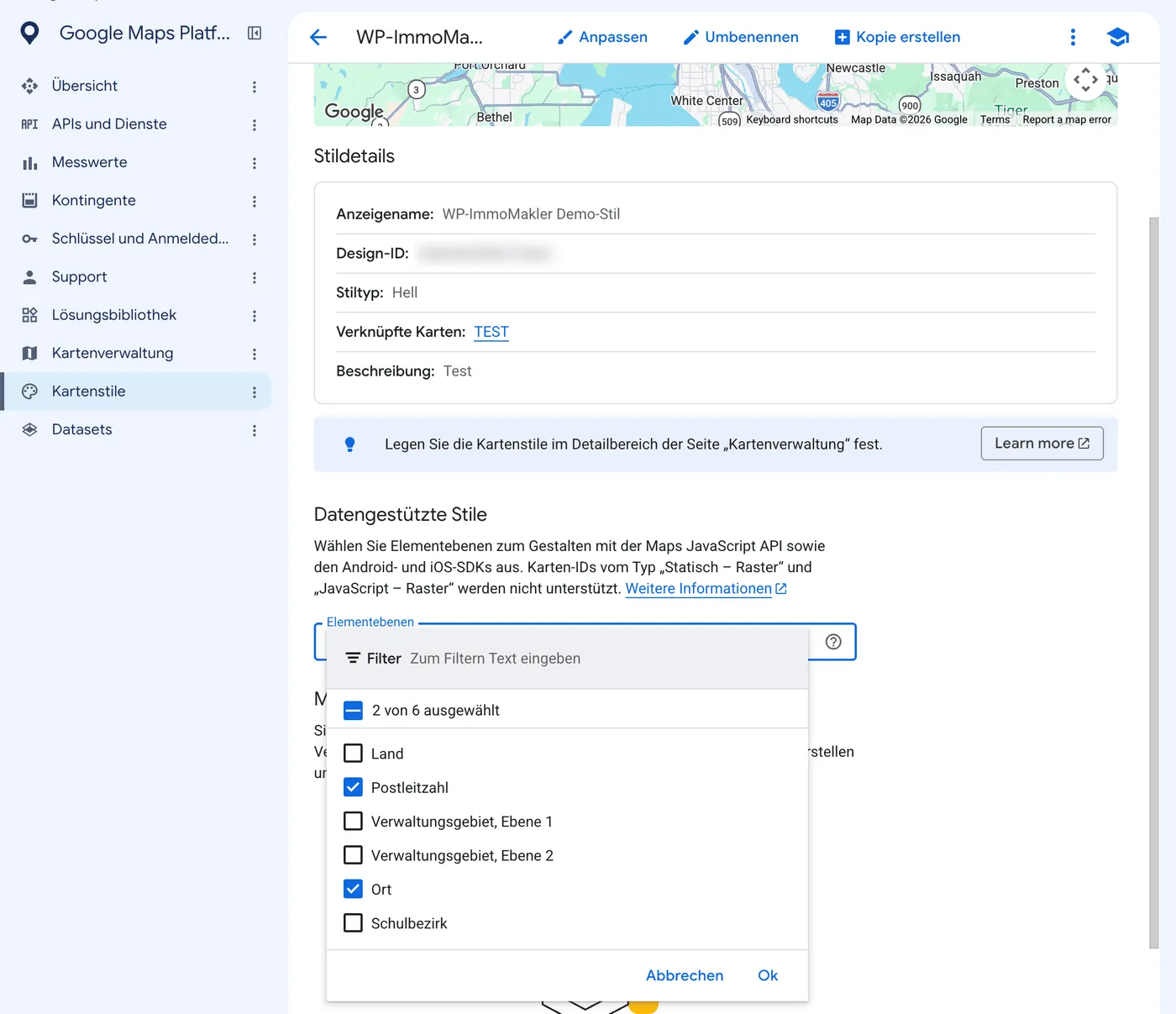 Google Cloud Console, Kartenstil: Auswahl Elementebenen mit den aktivierten Ebenen Postleitzahl und Ort