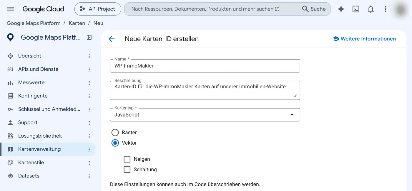 Google Cloud Console, Kartenverwaltung: neue Karten-ID mit Name, Kartentyp JavaScript und Rendering-Typ Vektor