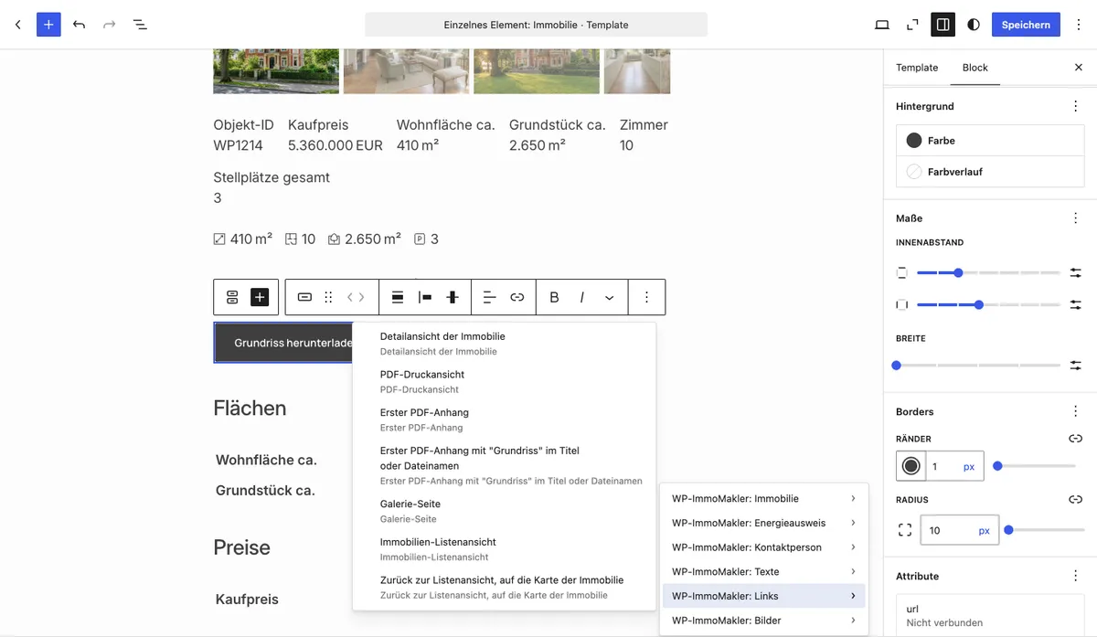 Blockeditor mit ausgewähltem Button-Block, rechts der Bereich Attribute; im Menü ist die Gruppe WP-ImmoMakler: Links mit dem Eintrag für den ersten PDF-Anhang mit Grundriss geöffnet