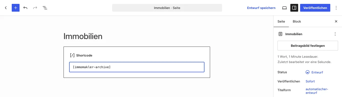 Shortcode-Block im Block-Editor mit dem Inhalt [immomakler-archive]