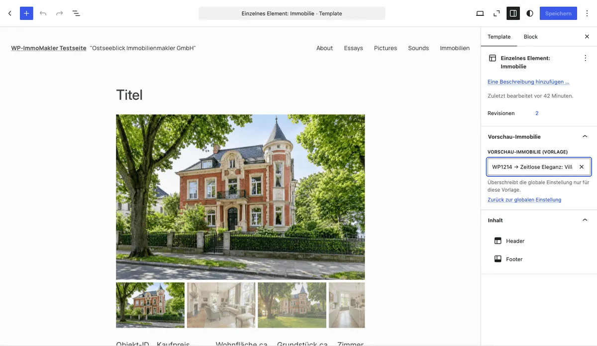 Site Editor mit dem Template Einzelnes Element: Immobilie, rechts im Tab Template das Feld Vorschau-Immobilie mit einer gewählten Immobilie