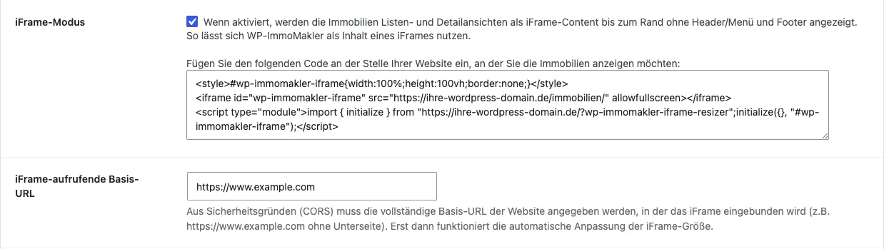 Ajustes de WP-ImmoMakler: modo iFrame y URL base que llama al iFrame