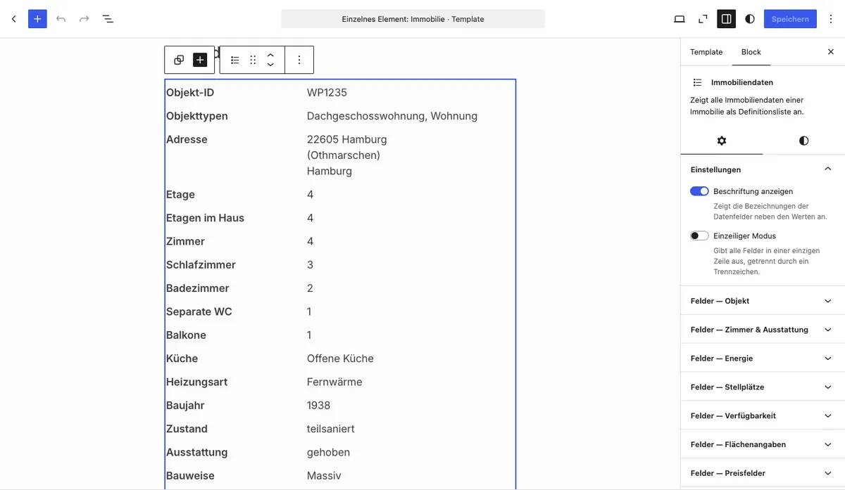 Block in the editor with the property data list displayed and the Settings sidebar open