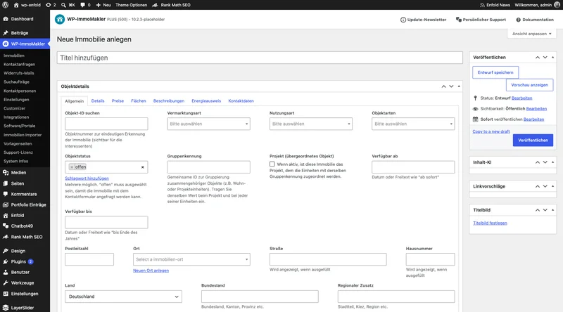Backend-Bearbeitungsmaske einer Immobilie bei aktiver manueller Dateneingabe – sichtbar sind die nach Themenblöcken gruppierten Eingabefelder
