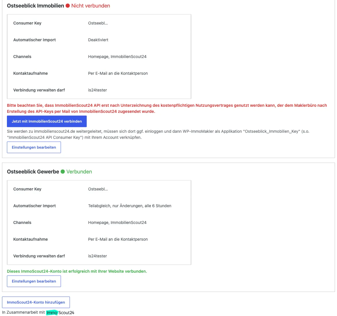 Kontenverwaltung mit zwei ImmoScout24-Konten, eines nicht verbunden und eines verbunden, darunter der Button ImmoScout24-Konto hinzufügen
