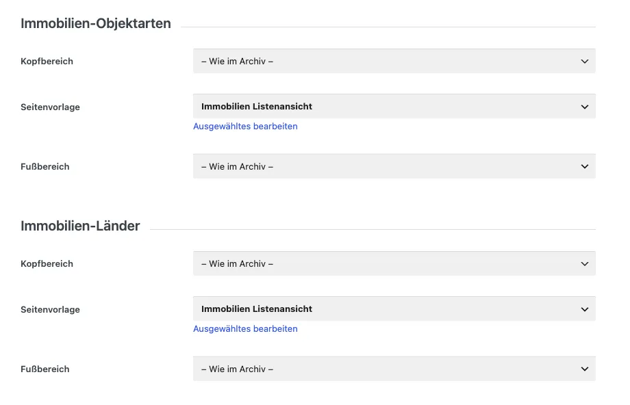 Impreza Theme-Optionen, Archivlayout: Abschnitte Immobilien-Objektarten und Immobilien-Länder, jeweils mit der Seitenvorlage Immobilien Listenansicht