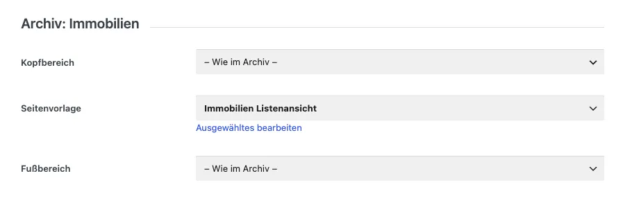 Impreza Theme-Optionen, Archivlayout: Abschnitt Archiv: Immobilien mit der Seitenvorlage Immobilien Listenansicht
