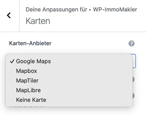 Aufgeklapptes Dropdown Karten-Anbieter im Customizer mit den Optionen Google Maps, Mapbox, MapTiler, MapLibre und Keine Karte