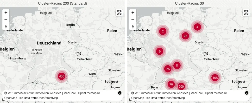 El mismo mapa con radio de clúster 200 y 30: con el valor mayor, un único clúster agrupa todos los inmuebles; con el menor, se descompone en varios clústeres regionales