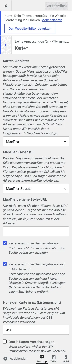 La sección Mapas en el Customizer con las opciones de proveedor de mapas, estilo de mapa y vista de mapa de los resultados de búsqueda