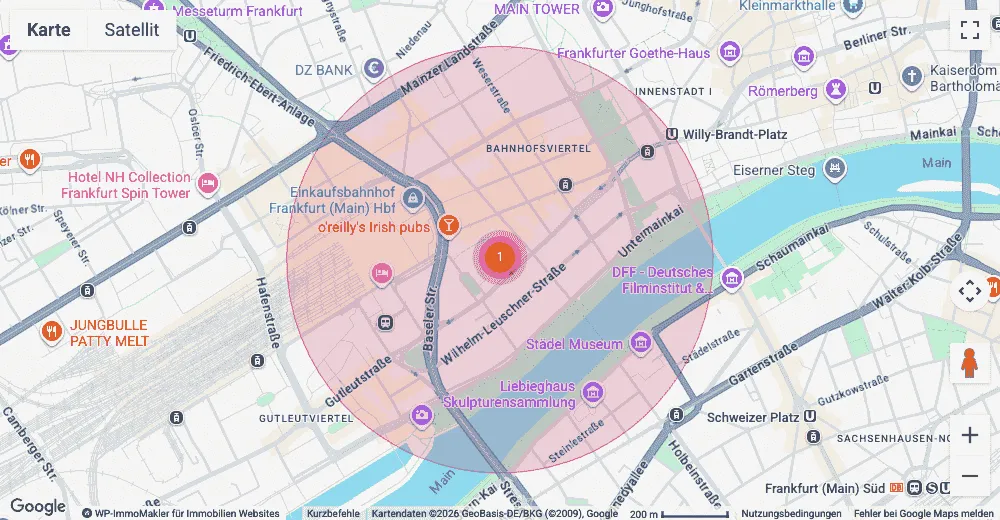 Mapa de detalle de un inmueble sin dirección exacta: el marcador con el radio semitransparente alrededor de su ubicación aproximada