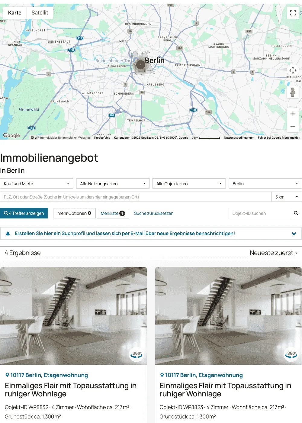 Mapa de Google con los resultados de búsqueda, debajo el formulario de búsqueda y la vista de lista de inmuebles