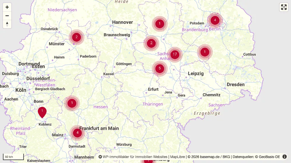 Mapa de MapLibre con basemap.de como base cartográfica y marcadores de inmuebles