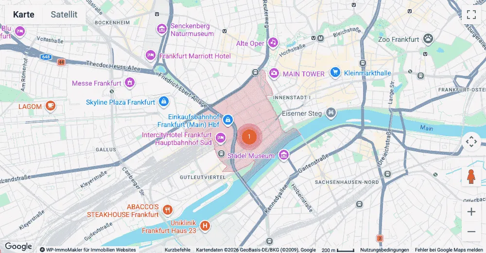 El mismo inmueble con la zona de código postal resaltada en lugar del radio: el mapa dibuja la superficie real de la zona y la enmarca por completo