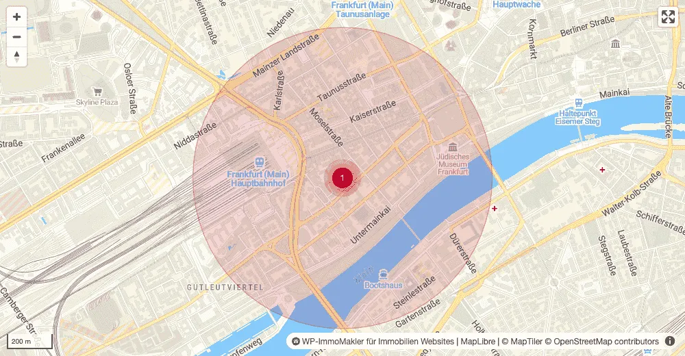 Mapa de detalle cuyo radio se deriva de la zona de código postal real: unos 650 metros en el Bahnhofsviertel de Fráncfort