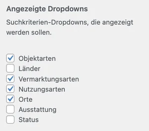 Auswahl der Suchkategorien im Customizer