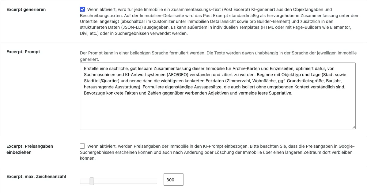 Einstellungen für den Excerpt mit Standard-Prompt und maximaler Zeichenanzahl 300