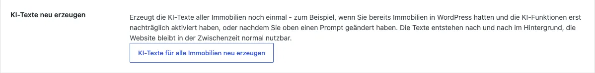 Bereich KI-Texte neu erzeugen mit dem Button KI-Texte für alle Immobilien neu erzeugen