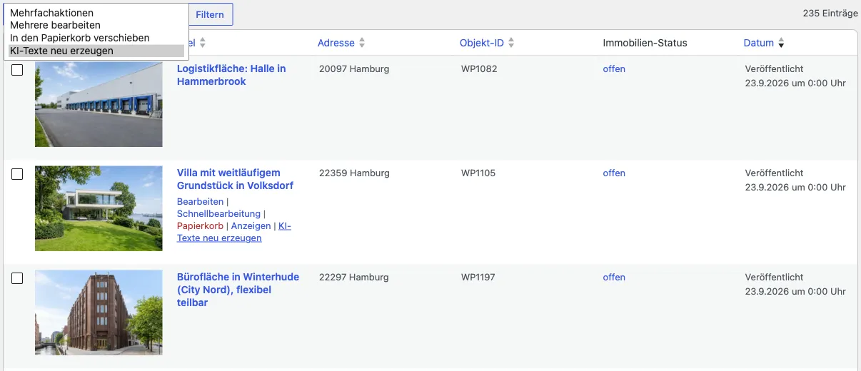 Immobilienliste mit der Zeilenaktion KI-Texte neu erzeugen und der gleichnamigen Mehrfachaktion
