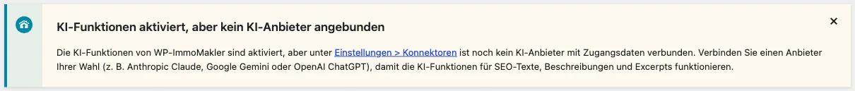 Schließbarer Admin-Hinweis KI-Funktionen aktiviert, aber kein KI-Anbieter angebunden