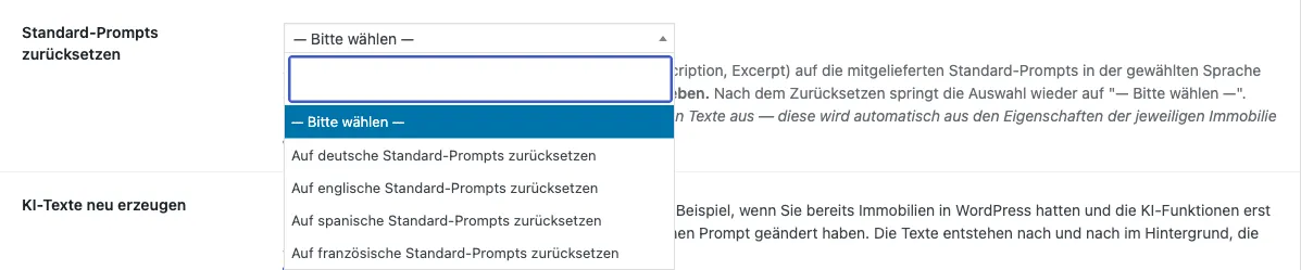 Aufgeklapptes Auswahlfeld Standard-Prompts zurücksetzen mit den Sprachen