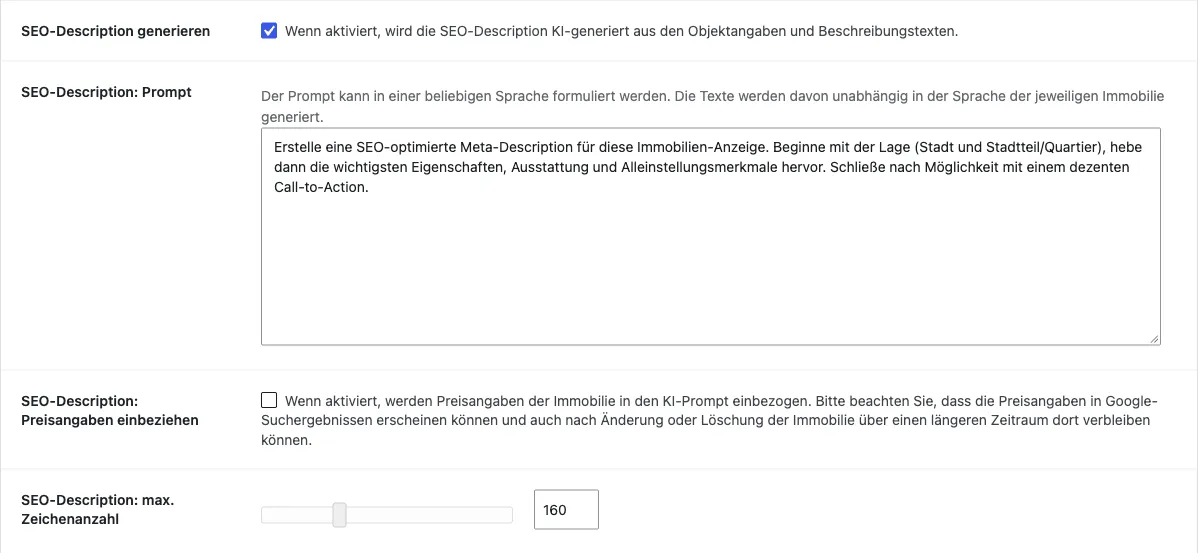 Einstellungen für die SEO-Description mit dem Standard-Prompt