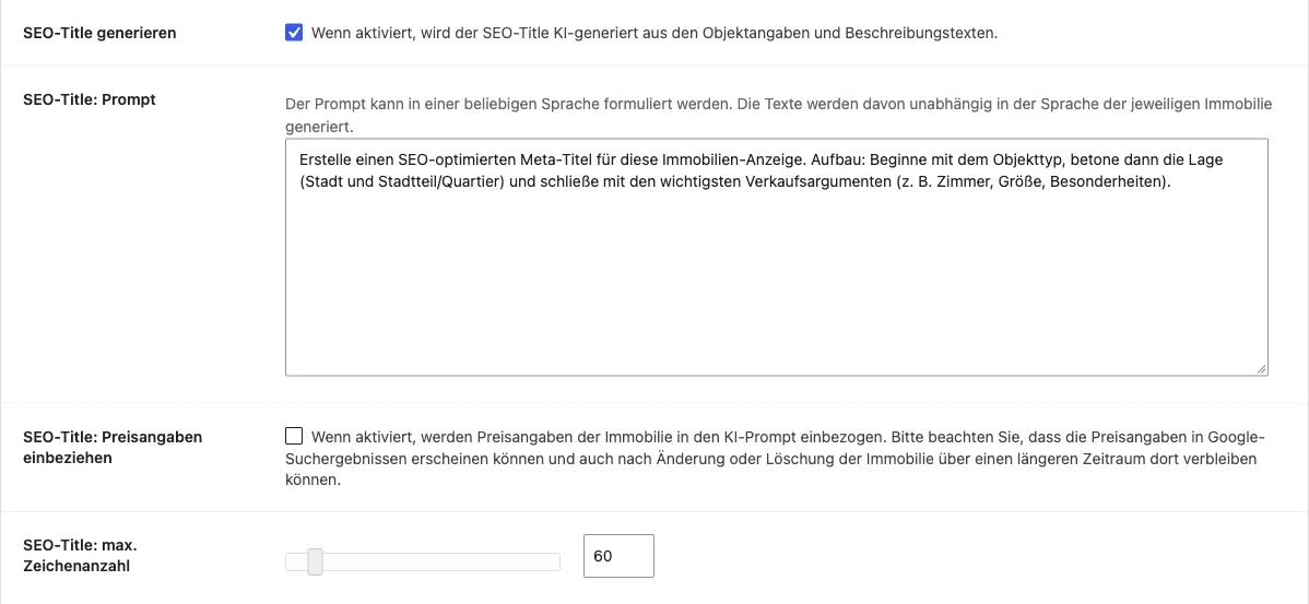 Einstellungen für den SEO-Title: Checkbox zum Generieren, Prompt, Preisangaben und maximale Zeichenanzahl
