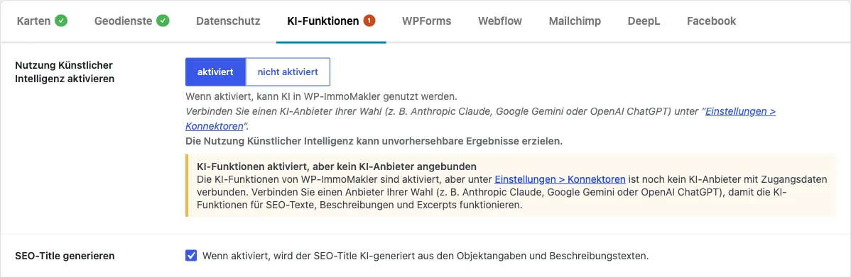 Tab KI-Funktionen unter Integrationen mit aktiviertem Schalter Nutzung Künstlicher Intelligenz aktivieren