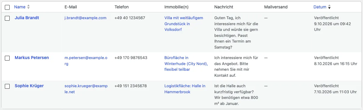 Liste der gespeicherten Kontaktanfragen mit Name, E-Mail, Telefon, Immobilie, Nachricht, Mailversand und Datum (Beispieldaten)