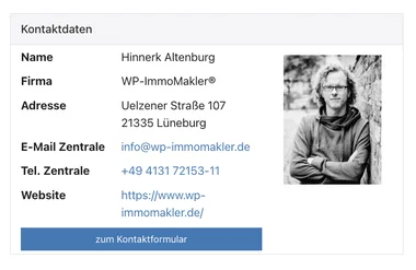 Kontaktbox der Immobilien-Detailansicht mit Name, Firma, Adresse, E-Mail, Telefon, Website, Kontaktfoto und Button zum Kontaktformular