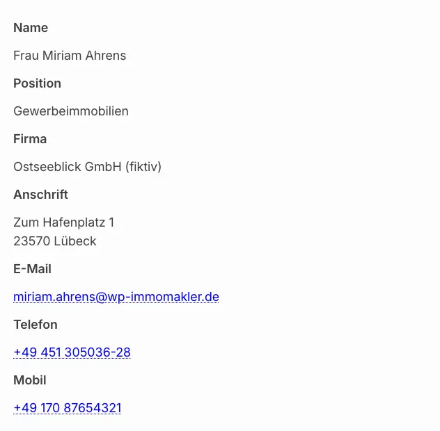 Bloc de données de contact dans le frontend avec liste de définition à deux colonnes
