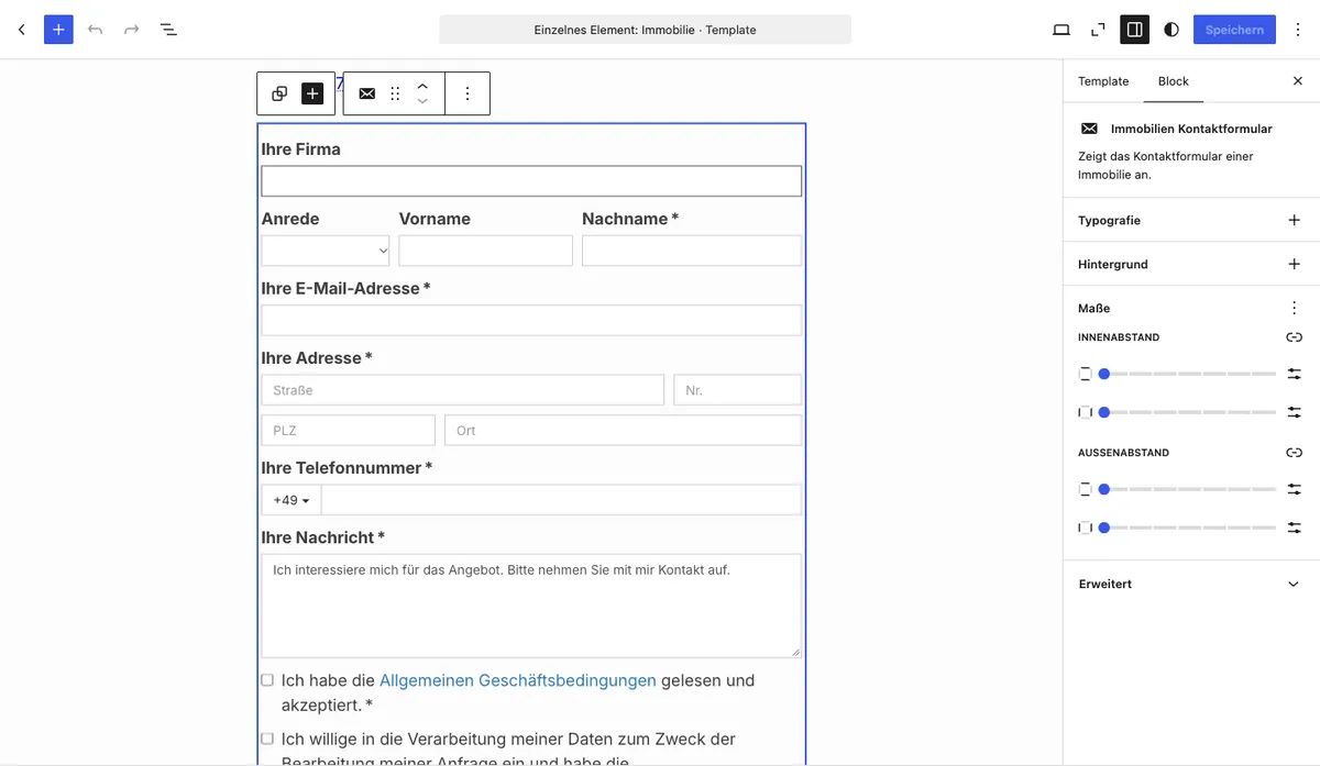 Contact Form block in the editor