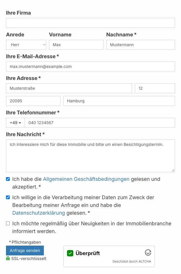 Contact Form block on the frontend with a filled-in form