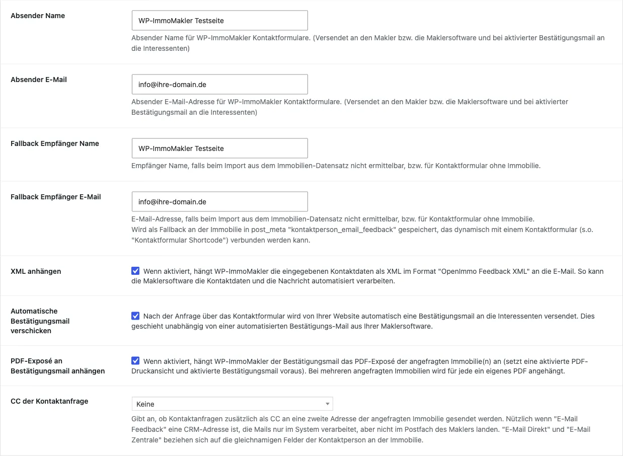 Ajustes del formulario de contacto en el backend de WordPress de WP-ImmoMakler: configuración de correo electrónico