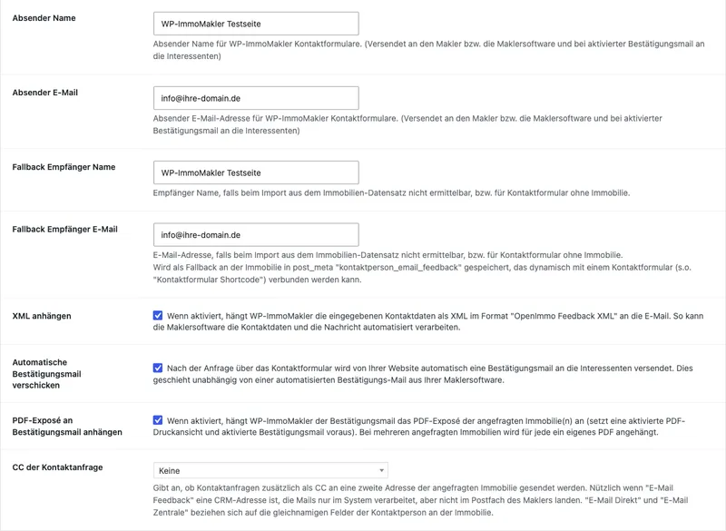 Ajustes del formulario de contacto en el backend de WordPress de WP-ImmoMakler: configuración de correo electrónico
