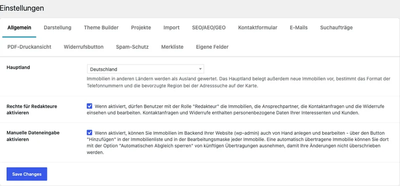 Tab Allgemein der WP-ImmoMakler-Einstellungen mit der aktivierten Option Manuelle Dateneingabe aktivieren
