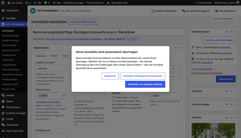 Dialog beim Bearbeiten einer automatisch übertragenen Immobilie mit den Buttons Abbrechen, Immobilie vorübergehend bearbeiten und Immobilie vor Updates schützen