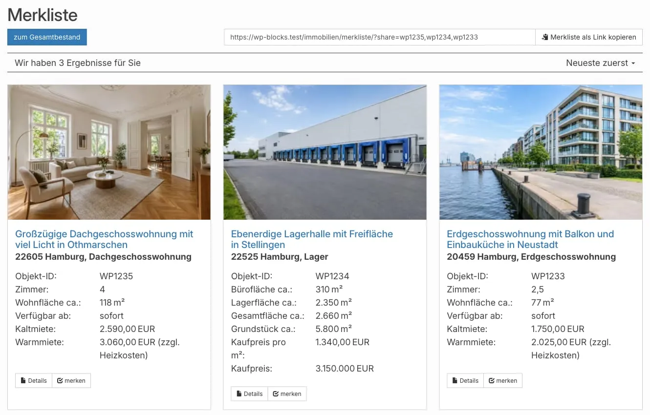 Merkliste mit drei gemerkten Immobilien, dem Link zum Teilen und dem Button zum Gesamtbestand