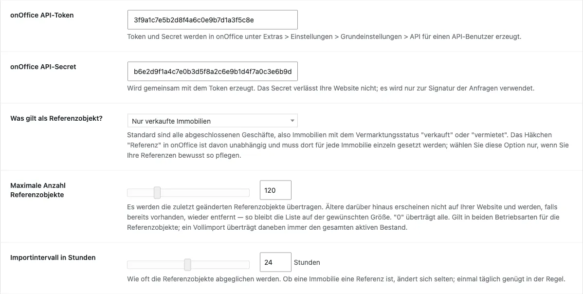 Tab onOffice mit API-Token, API-Secret, Referenzobjekt-Kriterium, maximaler Anzahl Referenzobjekte und Importintervall