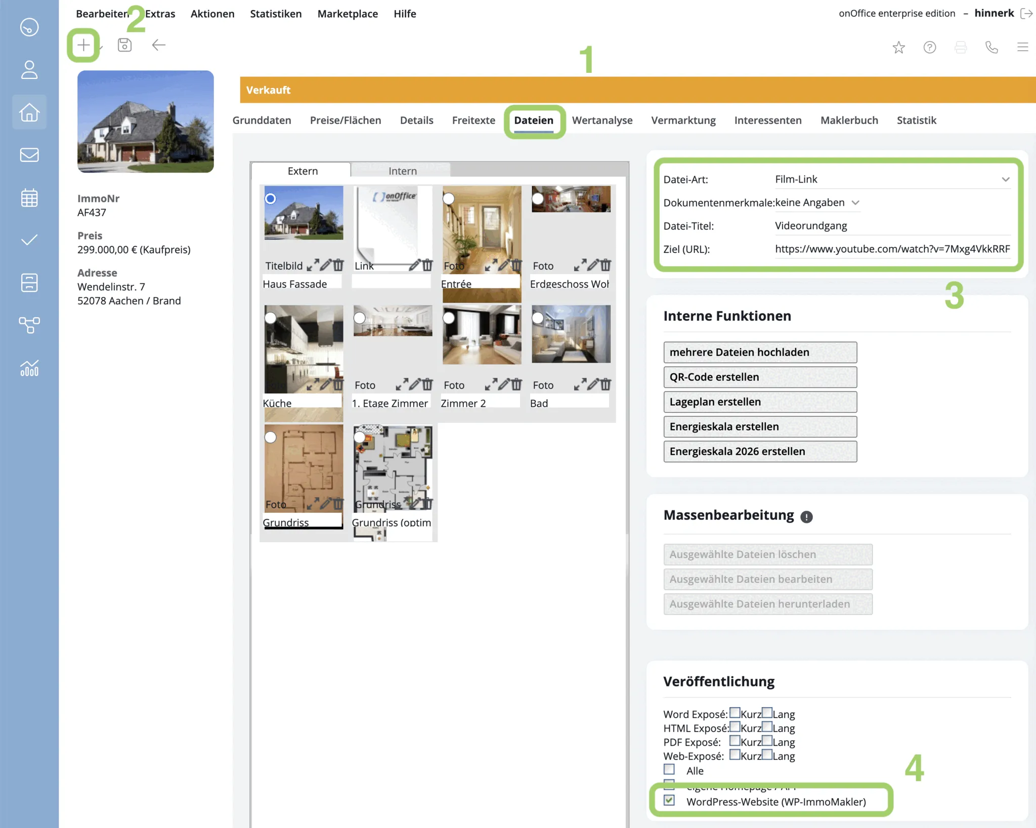 onOffice - Añadir un vídeo como enlace de película en la pestaña Archivos