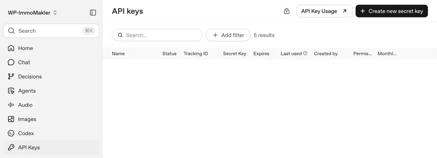 OpenAI Platform, página API keys con el botón Create new secret key