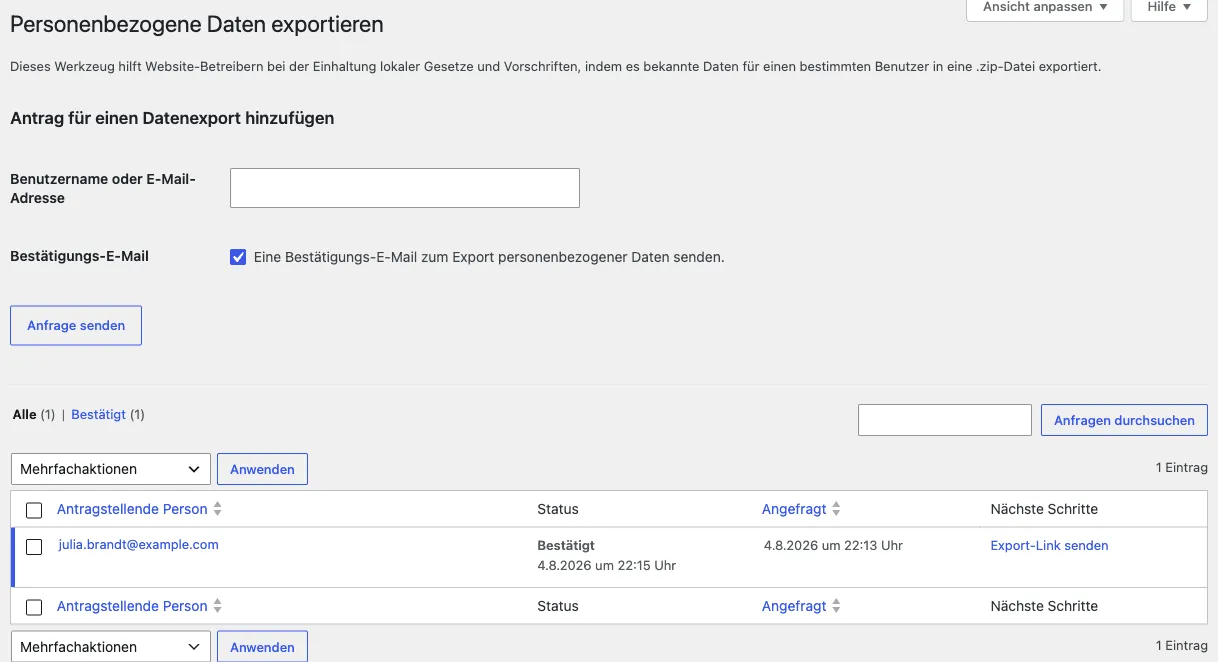 WordPress-Werkzeug Personenbezogene Daten exportieren mit einer bestätigten Anfrage (Beispieladresse)