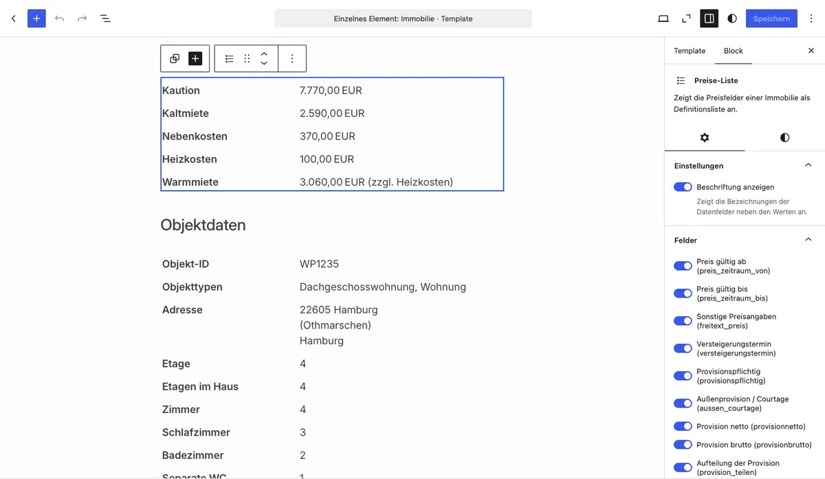 Block Preise-Liste im Site Editor, rechts der Bereich Felder mit den Schaltern der Preisfelder
