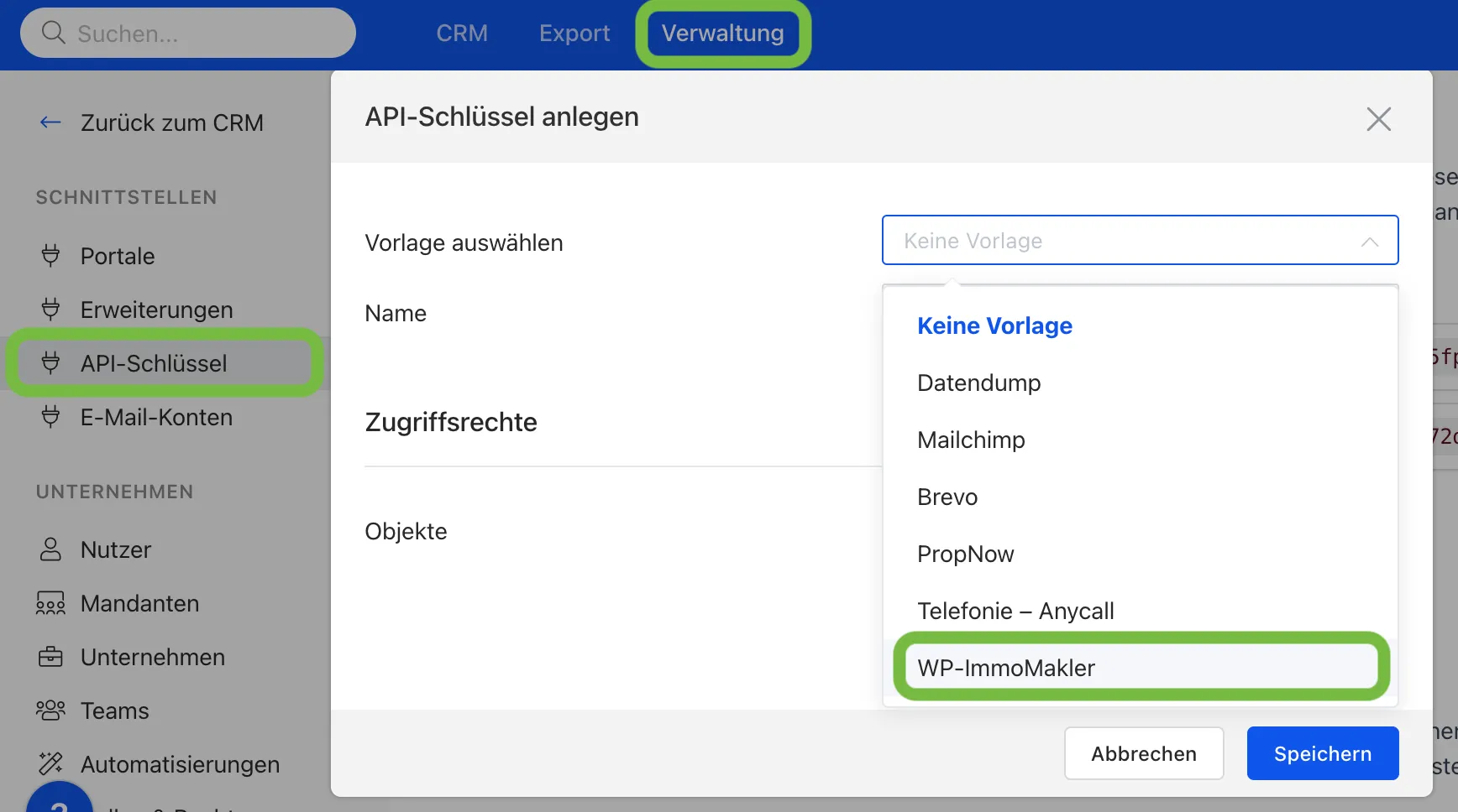 Propstack - Dialog API-Schlüssel anlegen mit geöffnetem Dropdown Vorlage auswählen und markiertem Eintrag WP-ImmoMakler